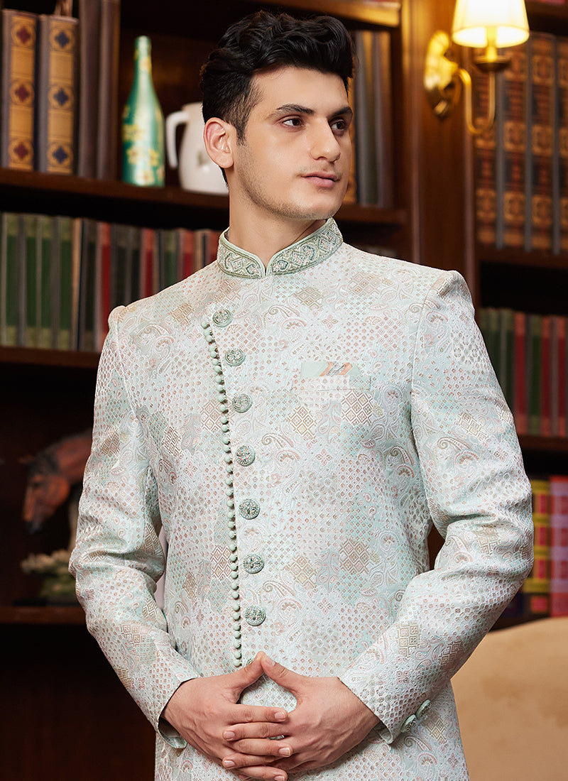 Jacquard Silk Light Sky Blue Wedding Wear Hand Work Readymade Sherwani 366887