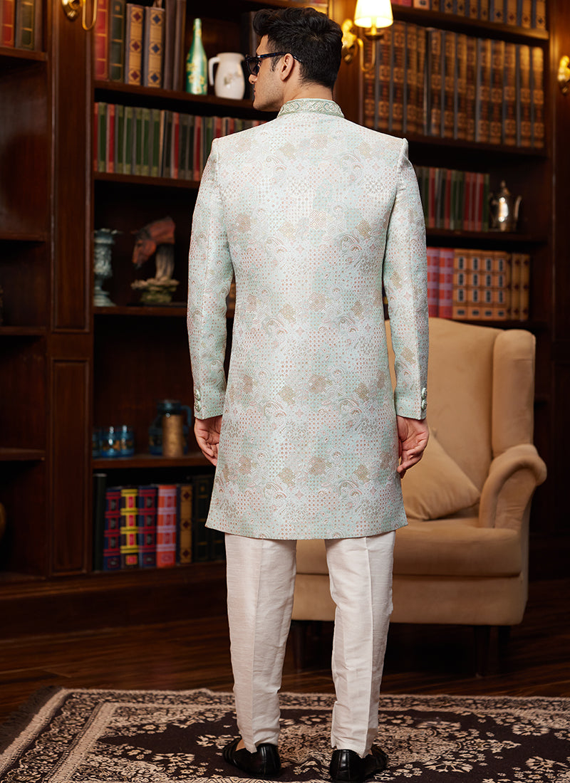 Jacquard Silk Light Sky Blue Wedding Wear Hand Work Readymade Sherwani 366887