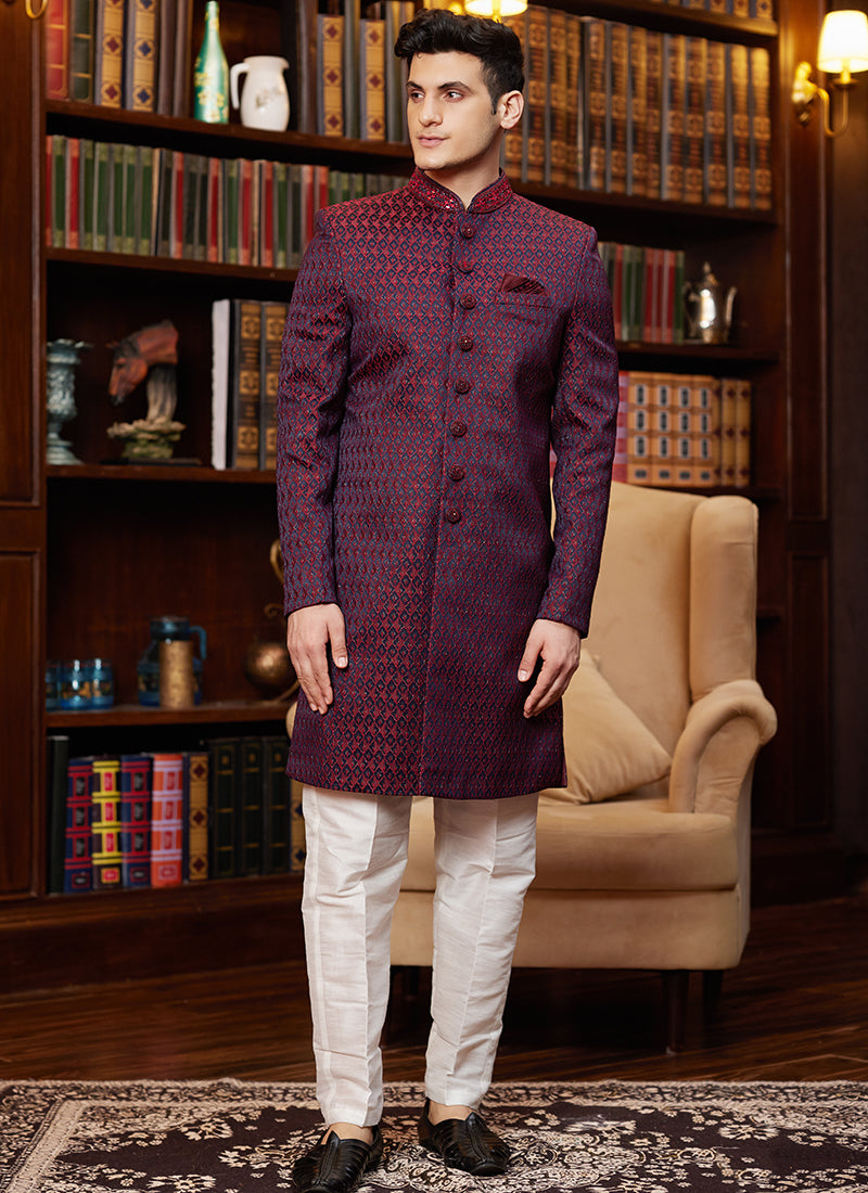 Jacquard Silk Wine Wedding Wear Hand Work Readymade Sherwani 366889
