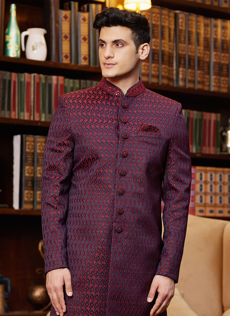 Jacquard Silk Wine Wedding Wear Hand Work Readymade Sherwani 366889
