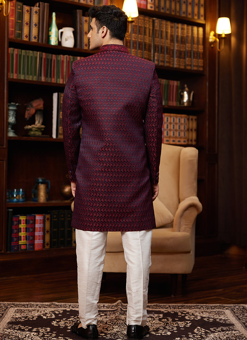 Jacquard Silk Wine Wedding Wear Hand Work Readymade Sherwani 366889