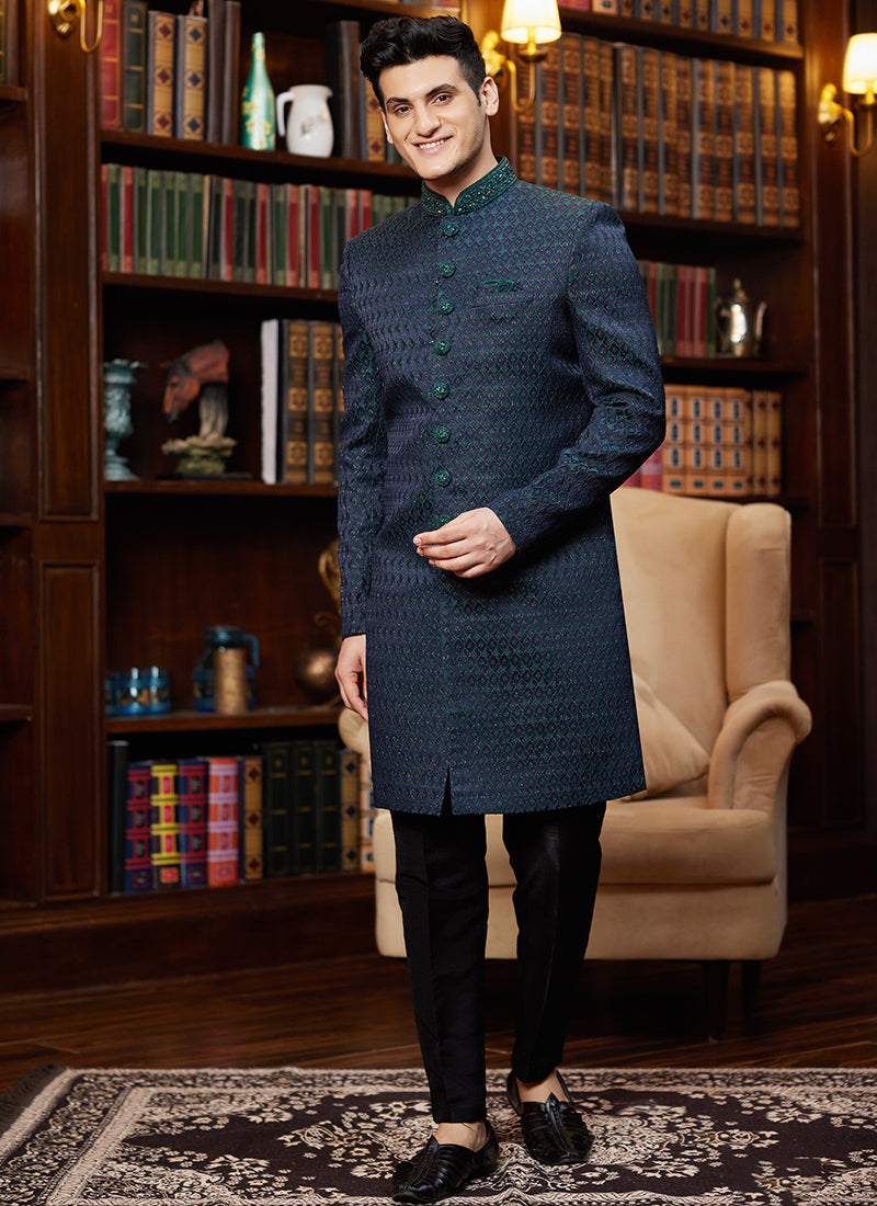 Jacquard Silk Navy Blue Wedding Wear Hand Work Readymade Sherwani 366890