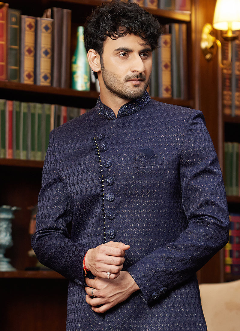 Jacquard Silk Blue Wedding Wear Hand Work Readymade Sherwani 366891