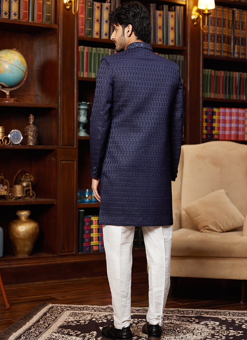 Jacquard Silk Blue Wedding Wear Hand Work Readymade Sherwani 366891