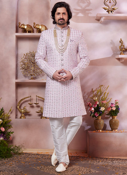 Computer Thread Pink Wedding Wear Embroidery Work Readymade Sherwani 373762