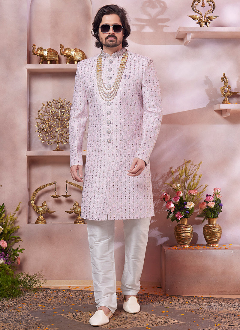 Computer Thread Pink Wedding Wear Embroidery Work Readymade Sherwani 373762