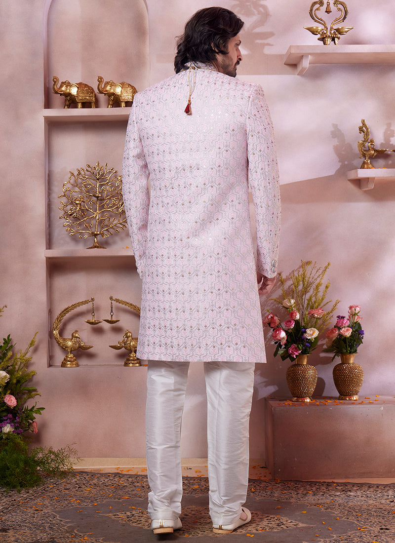 Computer Thread Pink Wedding Wear Embroidery Work Readymade Sherwani 373762