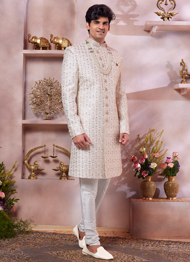 Computer Thread Cream Wedding Wear Embroidery Work Readymade Sherwani 373763
