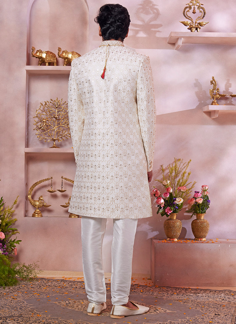 Computer Thread Cream Wedding Wear Embroidery Work Readymade Sherwani 373763