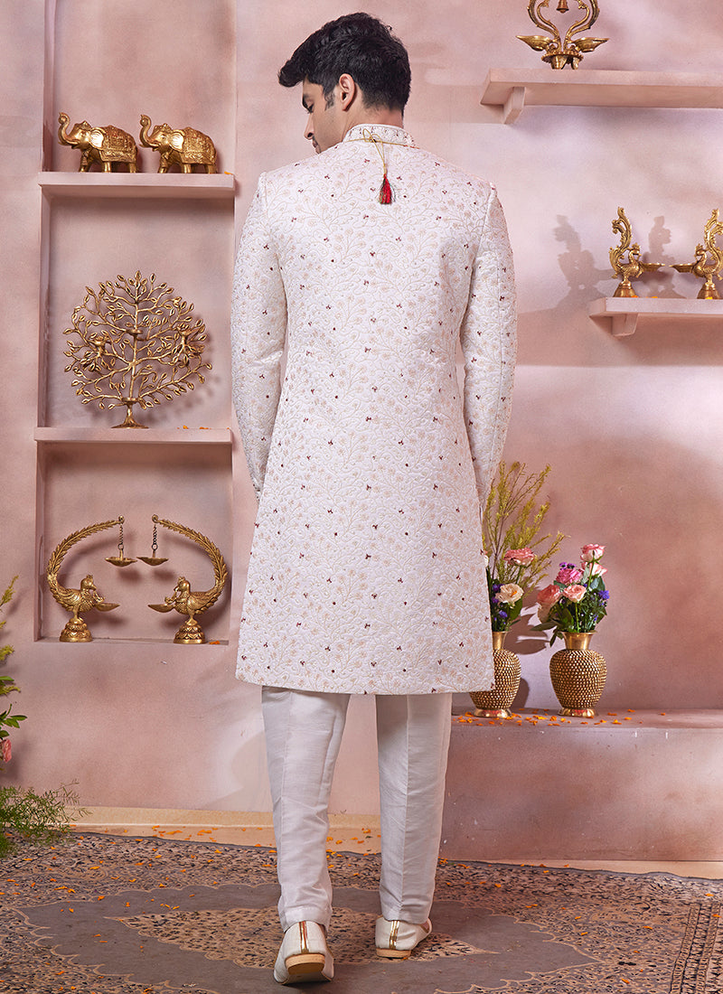Computer Thread Cream Wedding Wear Embroidery Work Readymade Sherwani 373764