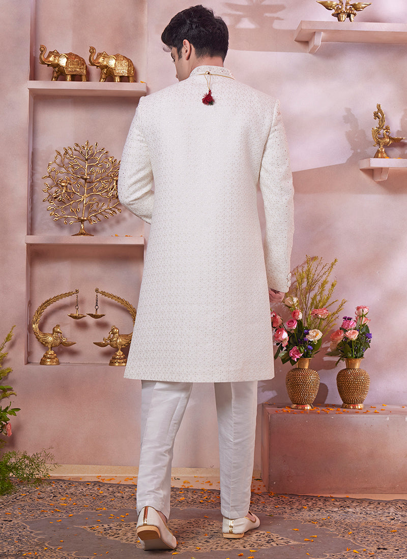 Computer Thread Cream Wedding Wear Embroidery Work Readymade Sherwani 373765