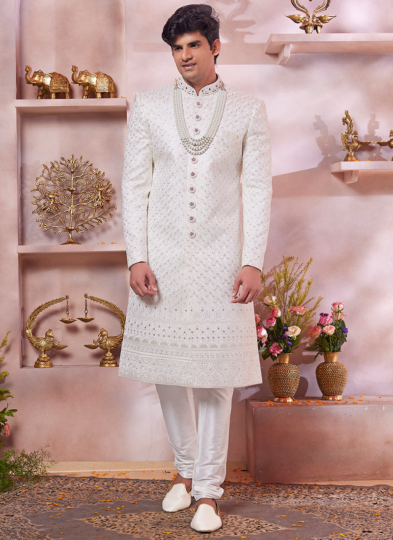 Computer Thread Cream Wedding Wear Embroidery Work Readymade Sherwani 373766