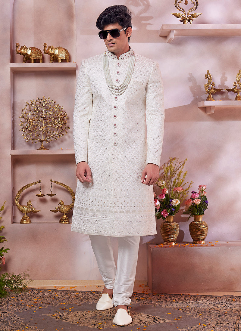 Computer Thread Cream Wedding Wear Embroidery Work Readymade Sherwani 373766