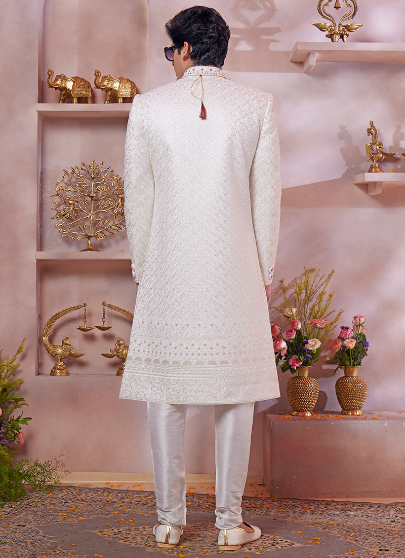 Computer Thread Cream Wedding Wear Embroidery Work Readymade Sherwani 373766