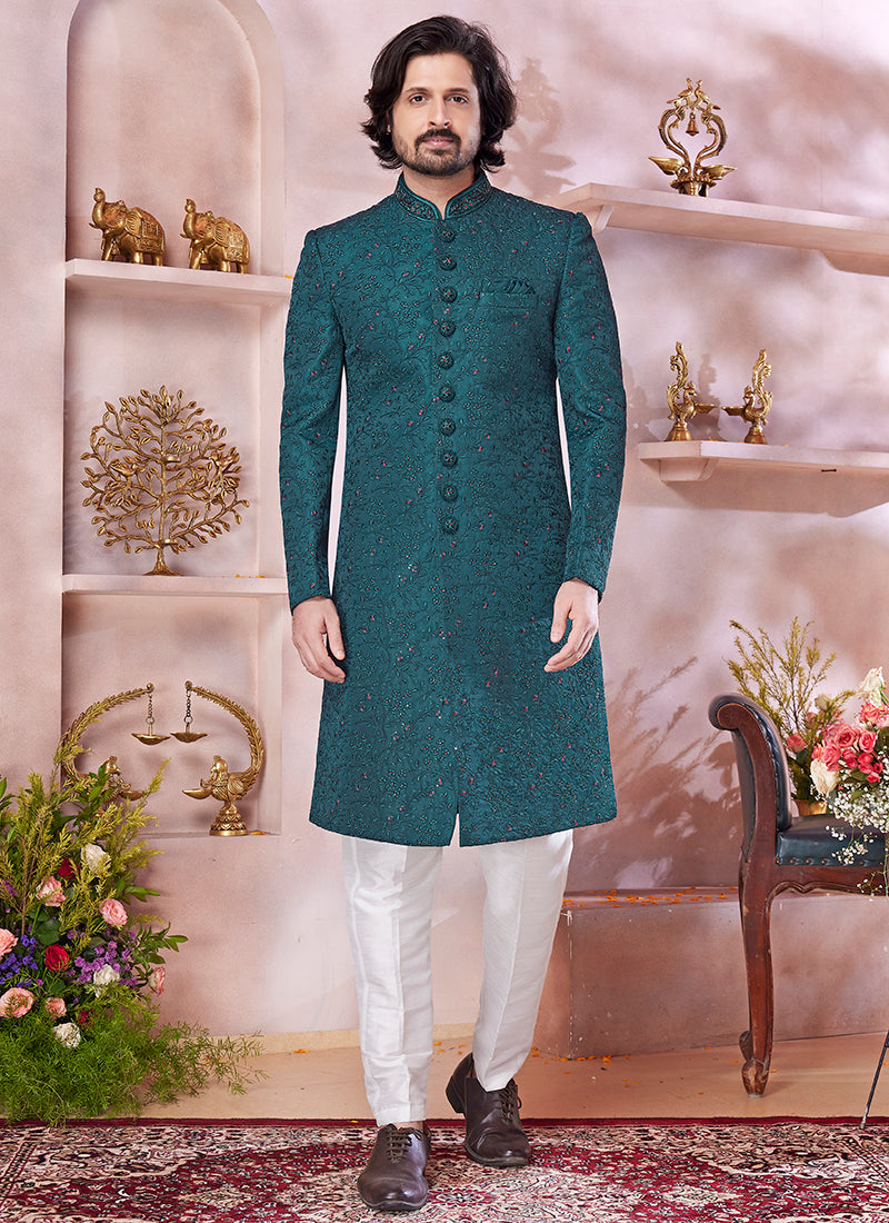 Computer Thread Green Wedding Wear Embroidery Work Readymade Sherwani 373768