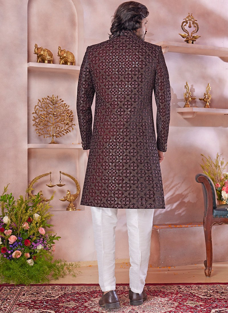 Computer Thread Maroon Wedding Wear Embroidery Work Readymade Sherwani 373769