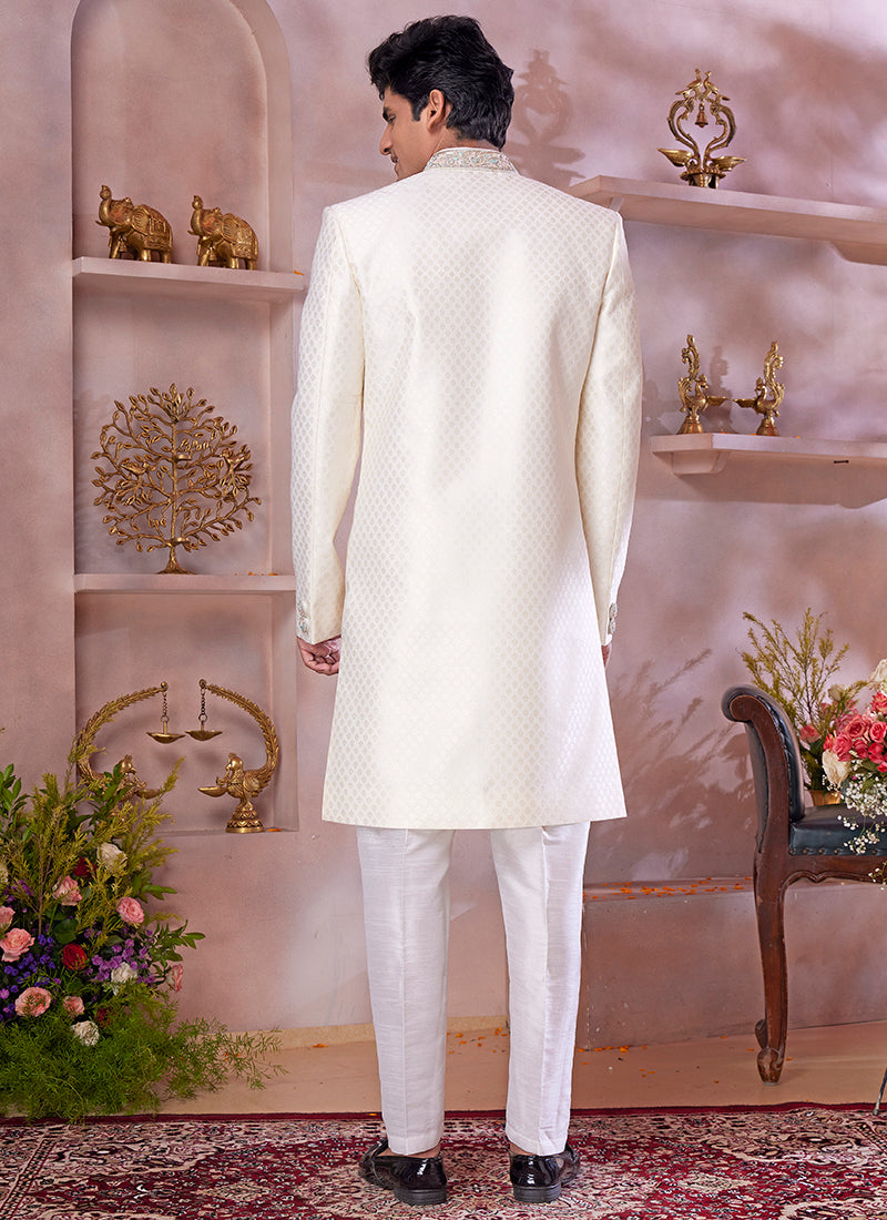 Jaquard Banarasi Silk Cream Wedding Wear Embroidery Work Readymade Sherwani 373770