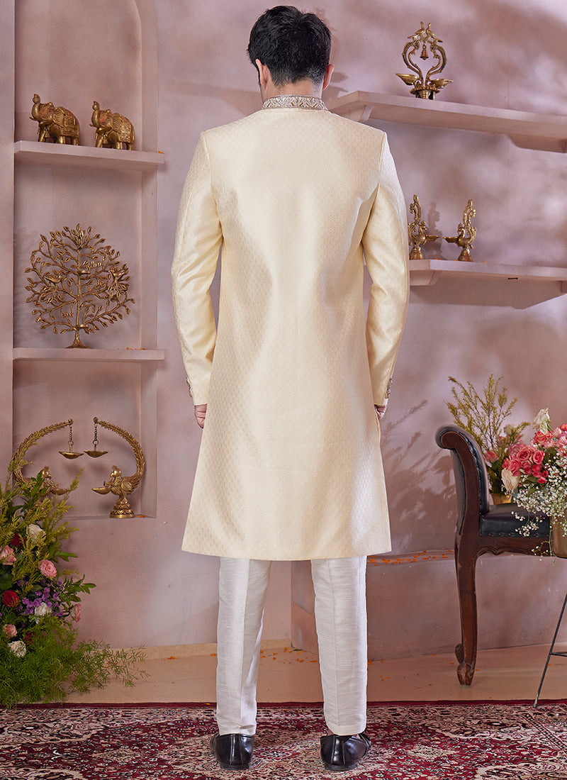 Jaquard Banarasi Silk Golden Wedding Wear Embroidery Work Readymade Sherwani 373771