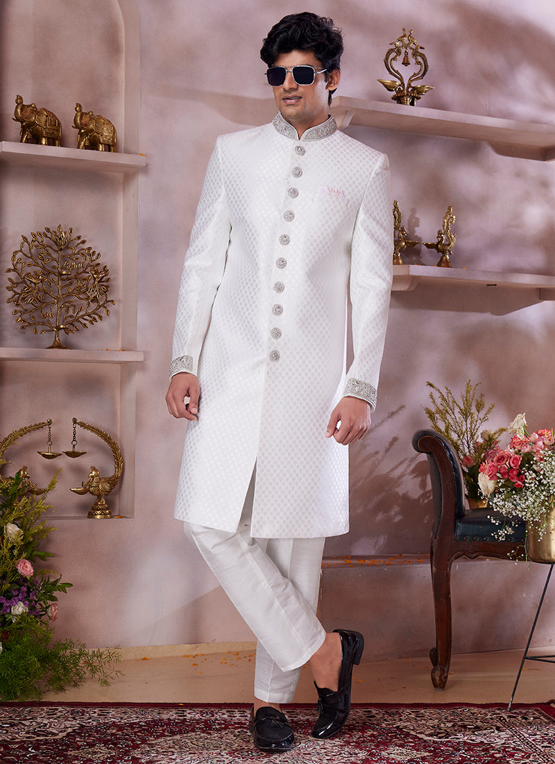 Jaquard Banarasi Silk Off White Wedding Wear Embroidery Work Readymade Sherwani 373772