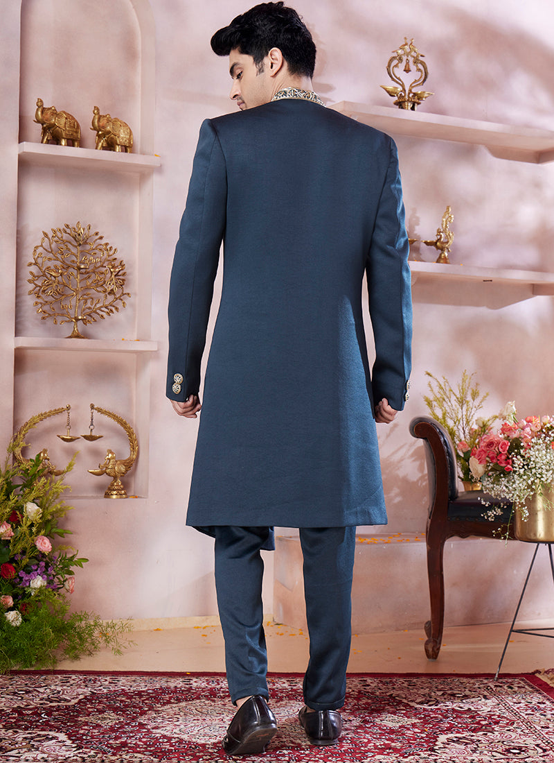 Jaquard Banarasi Silk Green Wedding Wear Embroidery Work Readymade Sherwani 373775