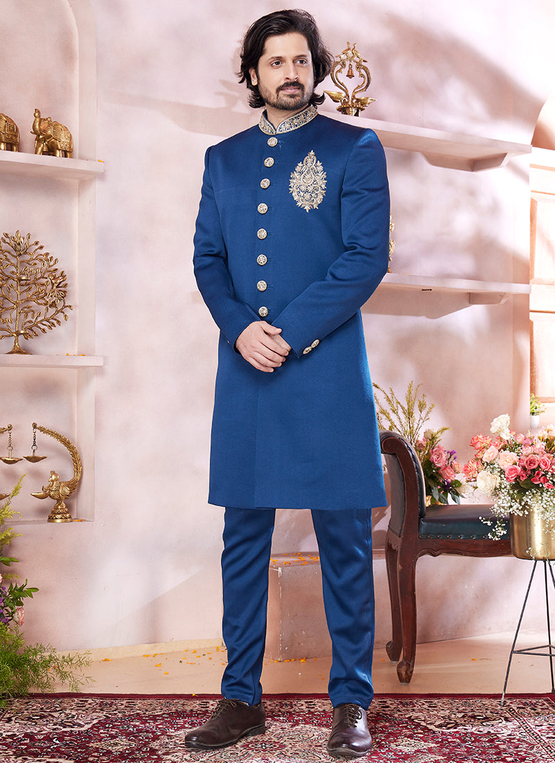 Jaquard Banarasi Silk Blue Wedding Wear Embroidery Work Readymade Sherwani 373776