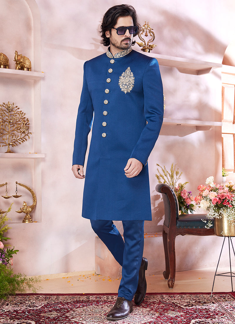 Jaquard Banarasi Silk Blue Wedding Wear Embroidery Work Readymade Sherwani 373776