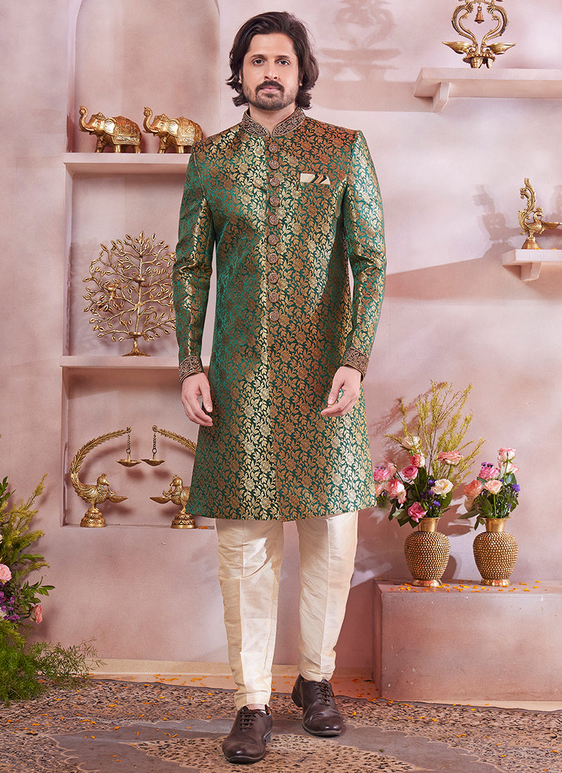 Readymade Jaquard Banarasi Silk Green Sherwani with Embroidery Work for Wedding Wear