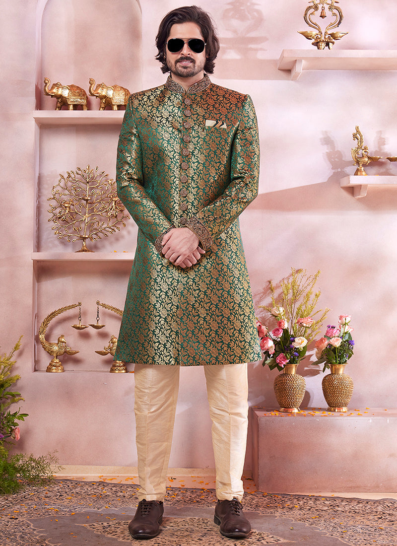 Readymade Jaquard Banarasi Silk Green Sherwani with Embroidery Work for Wedding Wear