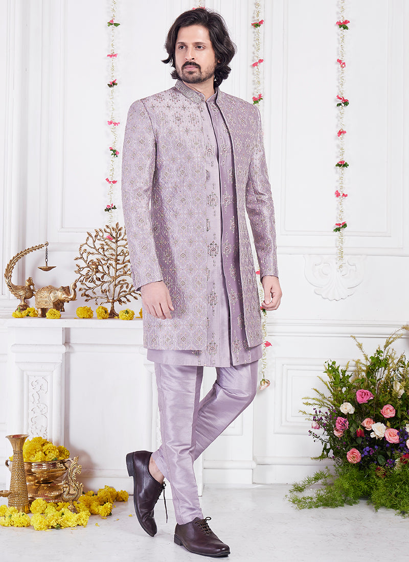 Readymade Art Silk Dark Onion Sherwani With Jacket and Computer Thread Work for Party Wear