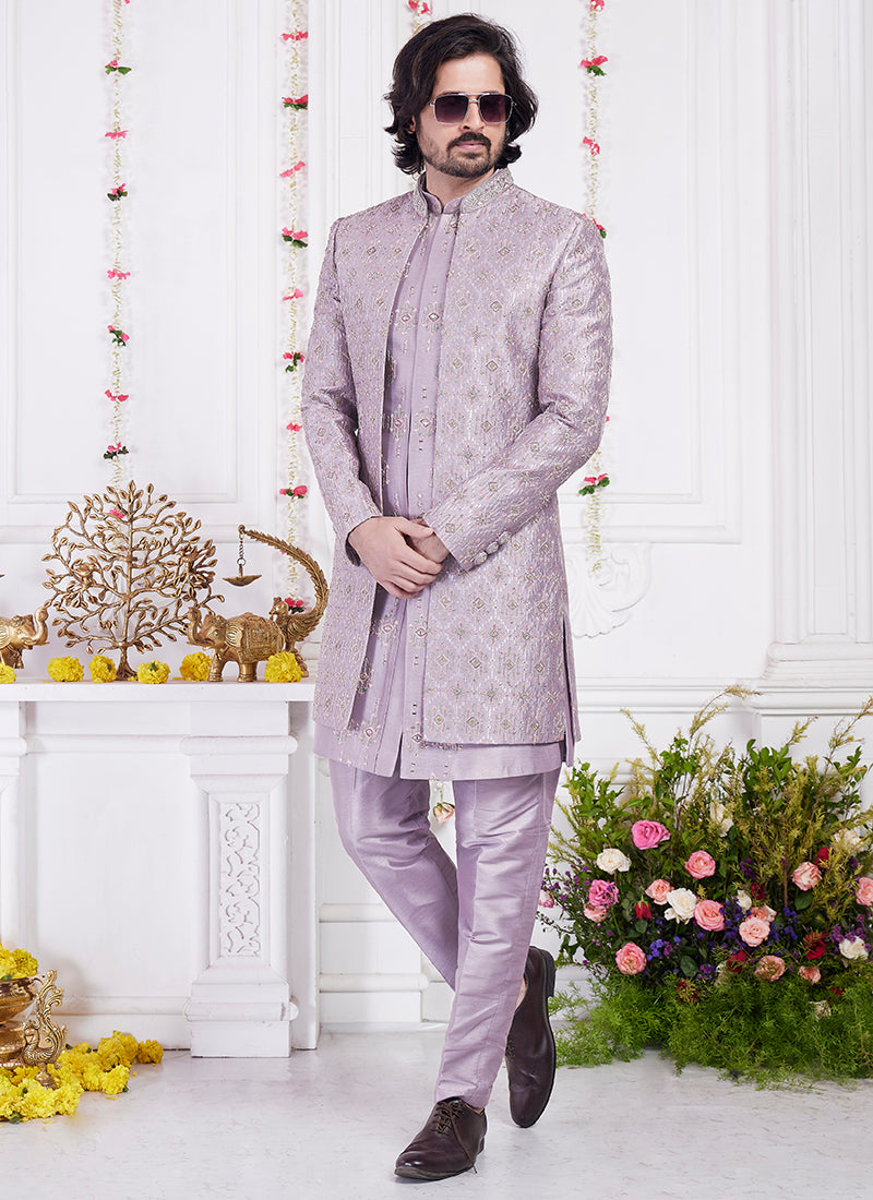 Readymade Art Silk Dark Onion Sherwani With Jacket and Computer Thread Work for Party Wear