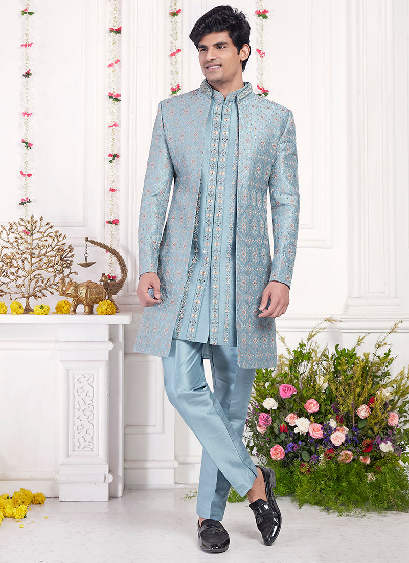 Readymade Art Silk Cyan Sherwani with Jacket and Computer Thread Work for Party Wear