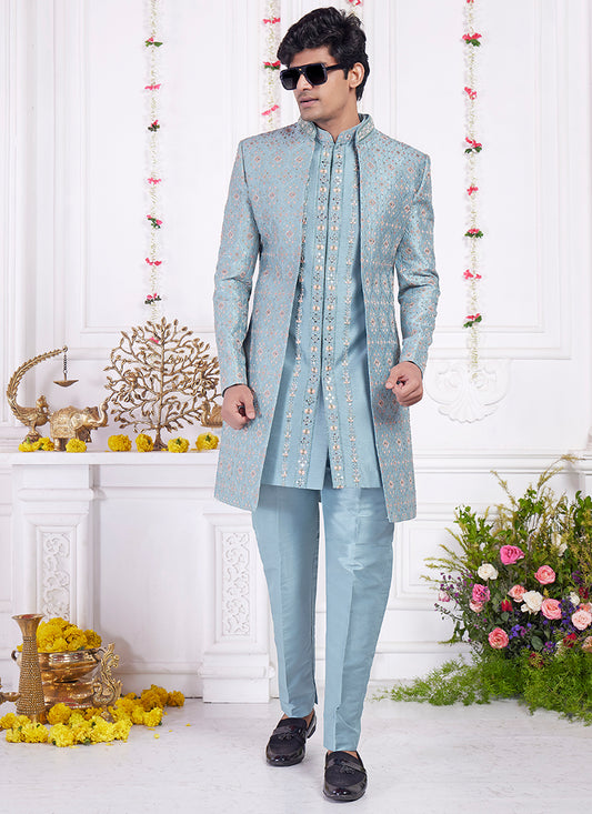 Readymade Art Silk Cyan Sherwani with Jacket and Computer Thread Work for Party Wear