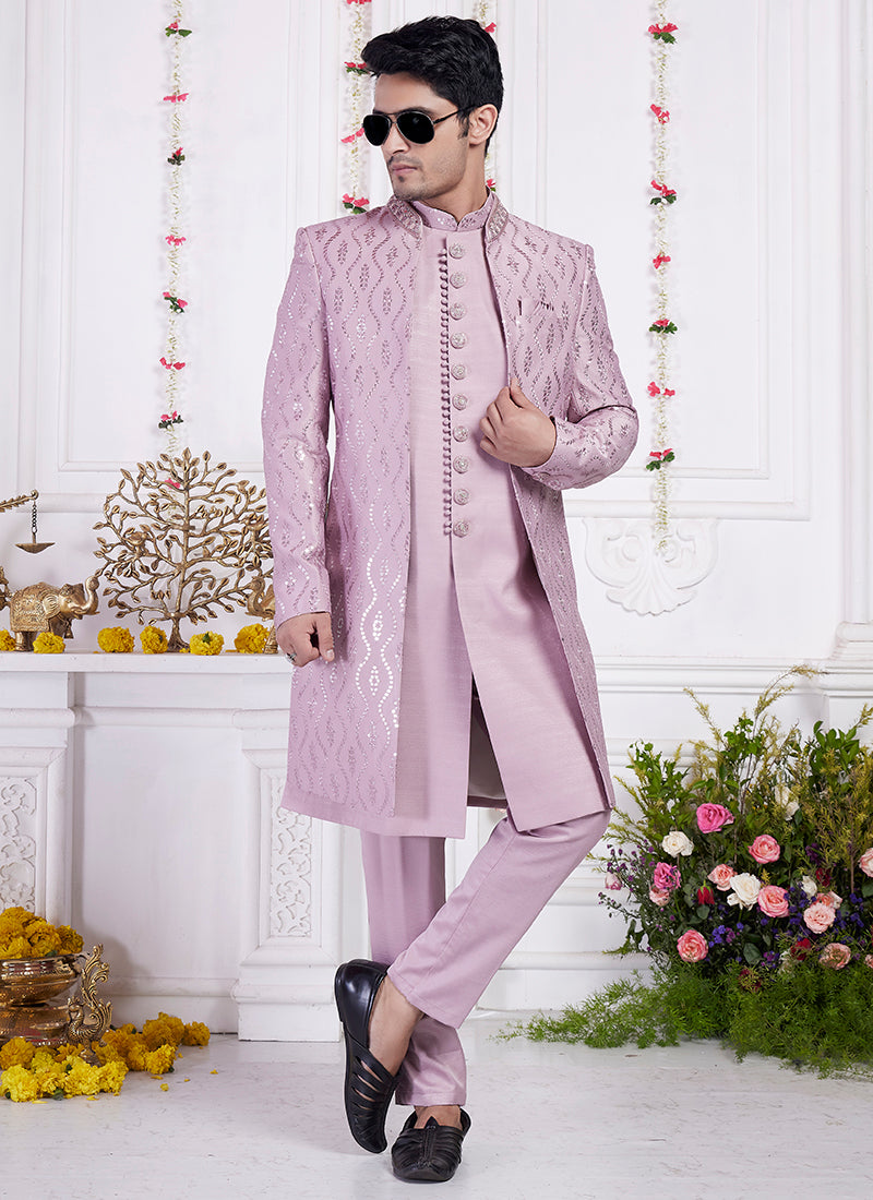 Readymade Art Silk Onion Sherwani with Jacket and Computer Thread Work for Party Wear