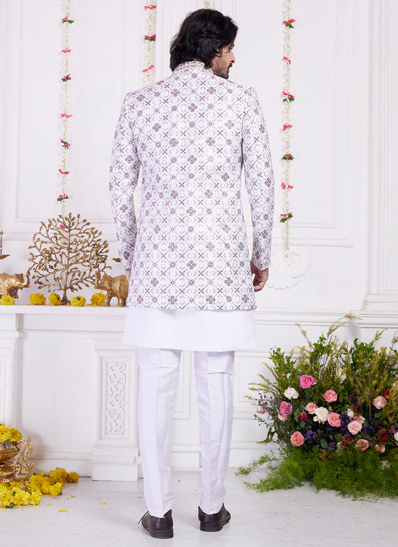 Readymade Art Silk Cream Sherwani with Jacket and Computer Thread Work for Party Wear