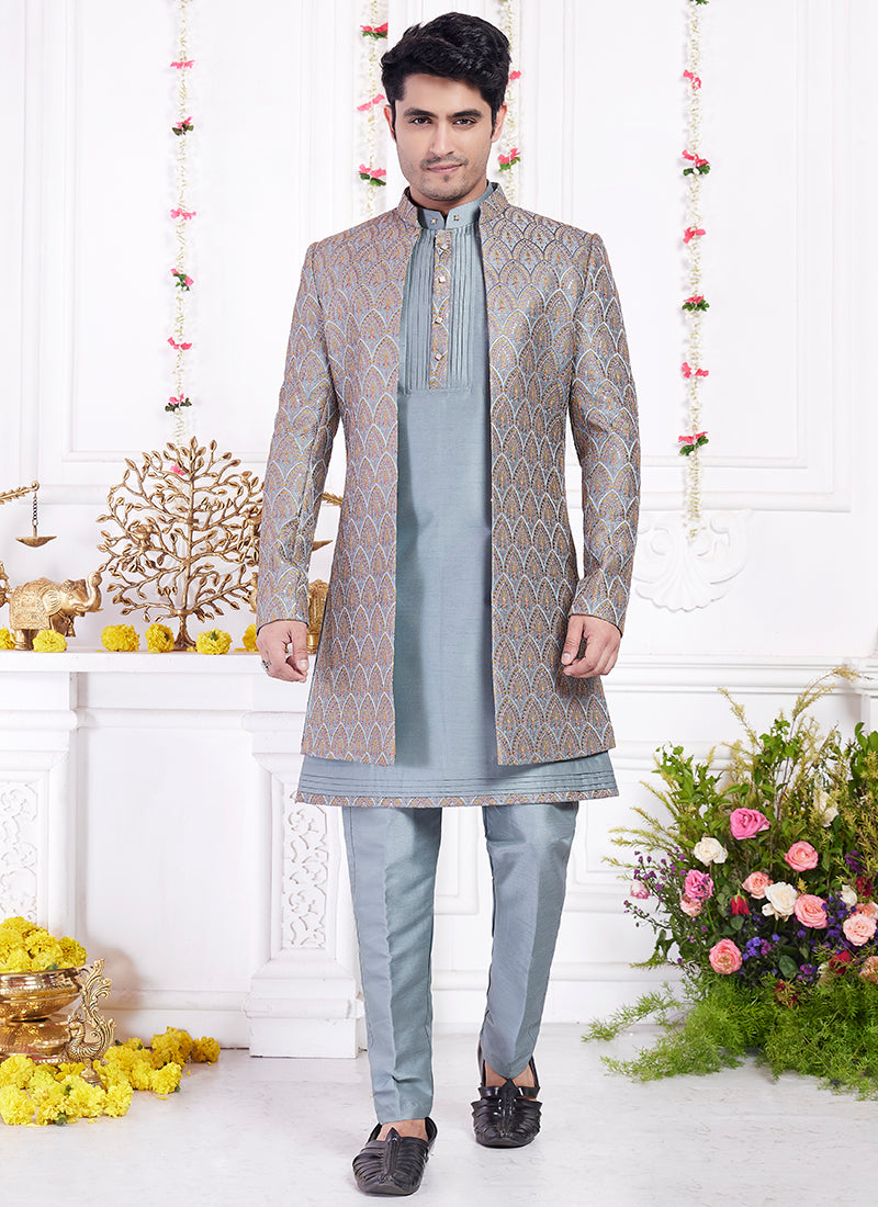 Readymade Art Silk Dark Blue Sherwani with Jacket and Computer Thread Work for Party Wear