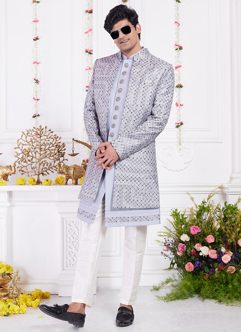 Readymade Art Silk Gray Sherwani with Jacket and Computer Thread Work for Party Wear