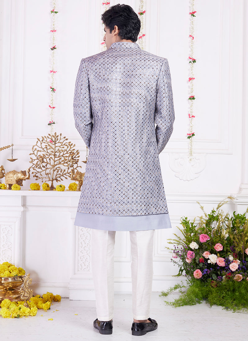 Readymade Art Silk Gray Sherwani with Jacket and Computer Thread Work for Party Wear