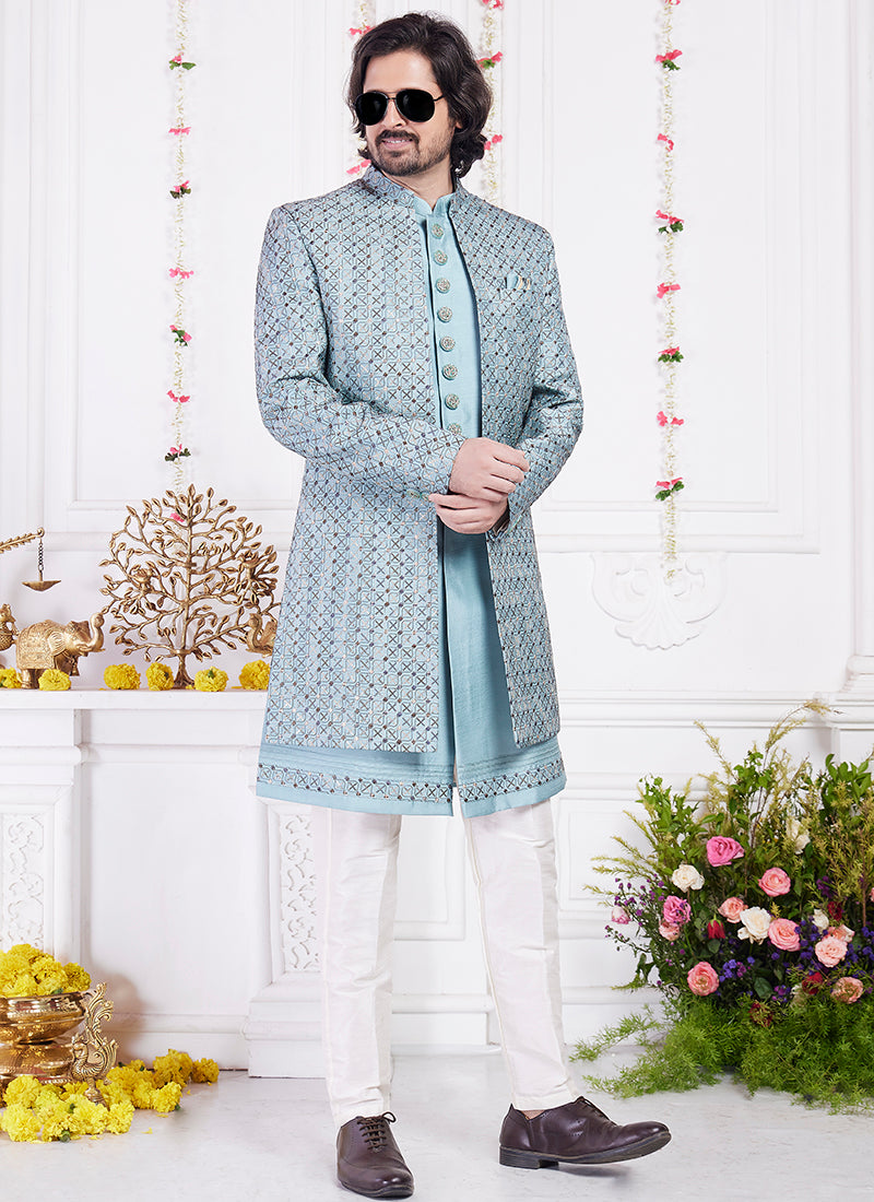 Readymade Art Silk Blue Sherwani with Jacket and Computer Thread Work for Party Wear