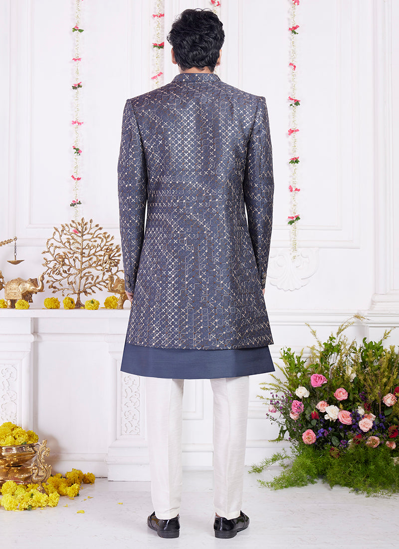 Readymade Art Silk Dark Gray Sherwani with Jacket and Computer Thread Work for Party Wear