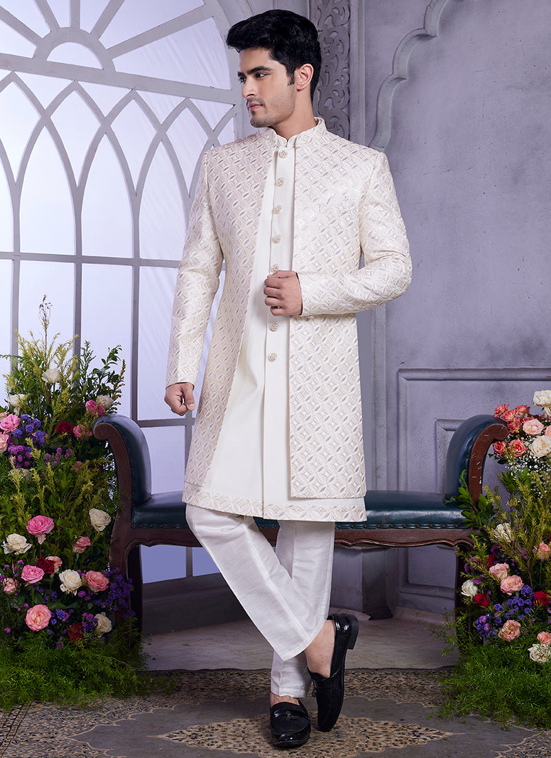 Readymade Art Silk Cream Kurta with Jacket and Thread Work for Wedding Wear
