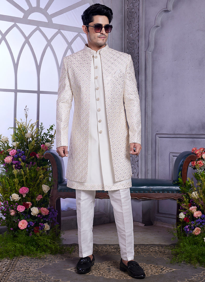 Readymade Art Silk Cream Kurta with Jacket and Thread Work for Wedding Wear