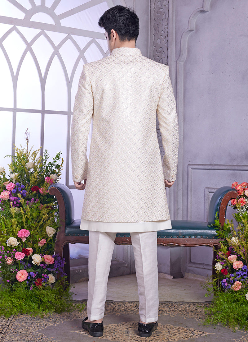 Readymade Art Silk Cream Kurta with Jacket and Thread Work for Wedding Wear