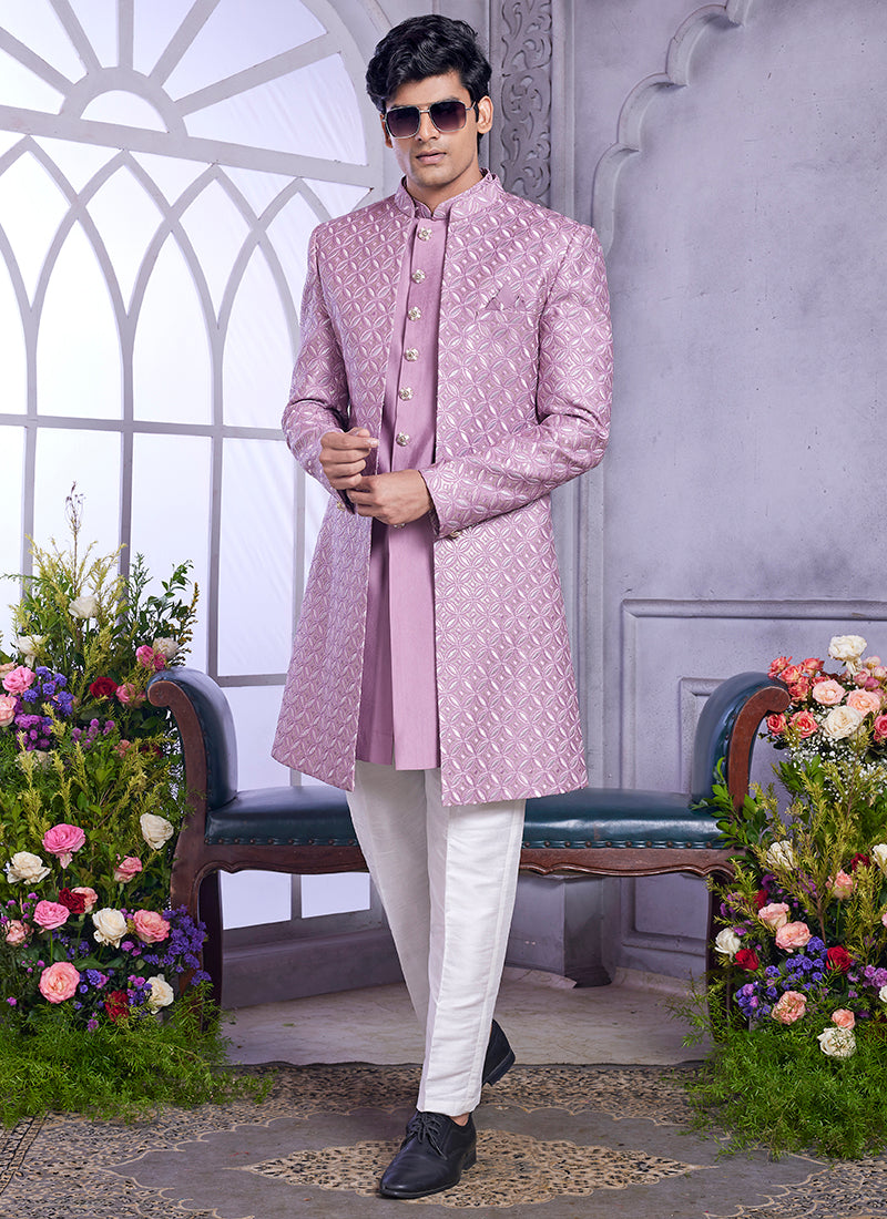 Readymade Art Silk Onion Kurta with Jacket and Thread Work for Wedding Wear