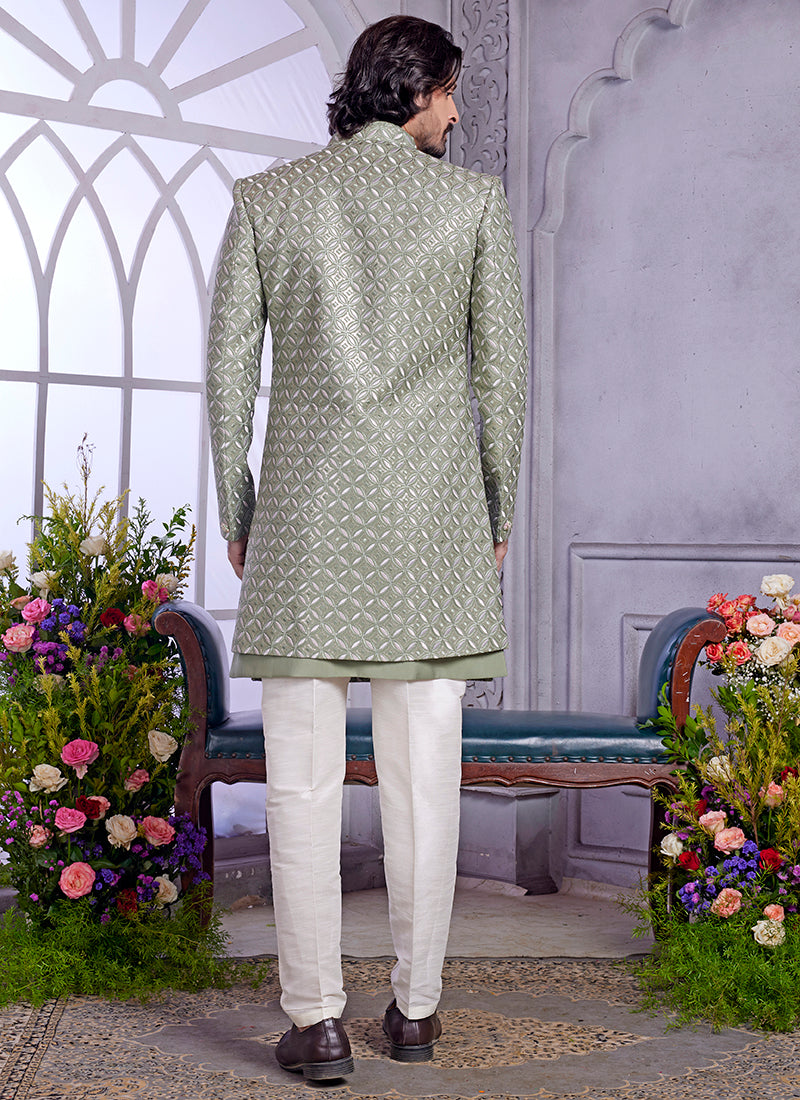 Readymade Art Silk Green Kurta with Jacket and Thread Work for Wedding Wear