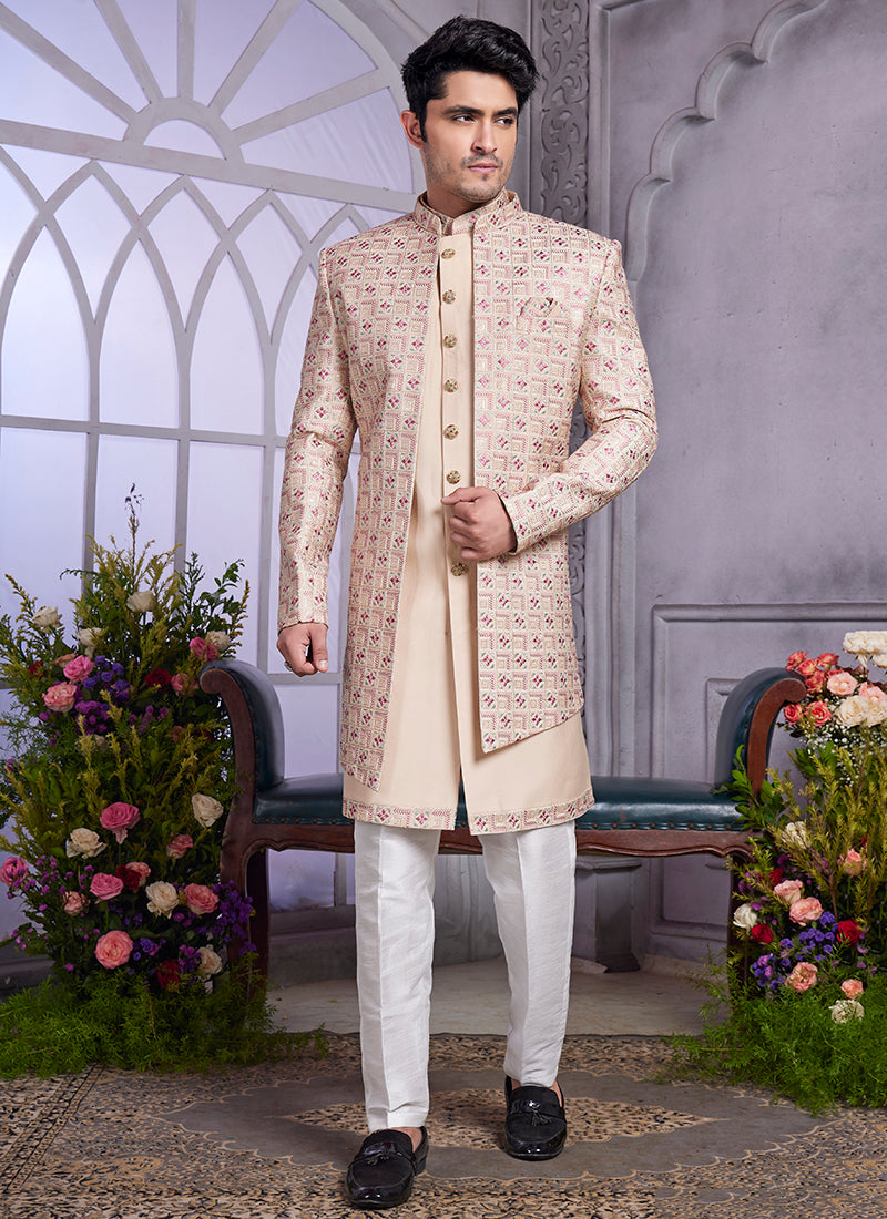 Readymade Art Silk Beige Kurta with Jacket and Thread Work for Wedding Wear