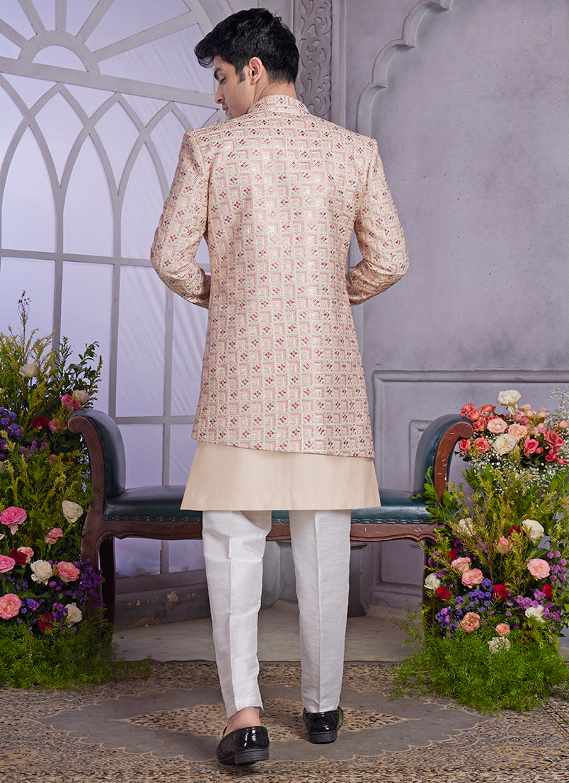 Readymade Art Silk Beige Kurta with Jacket and Thread Work for Wedding Wear