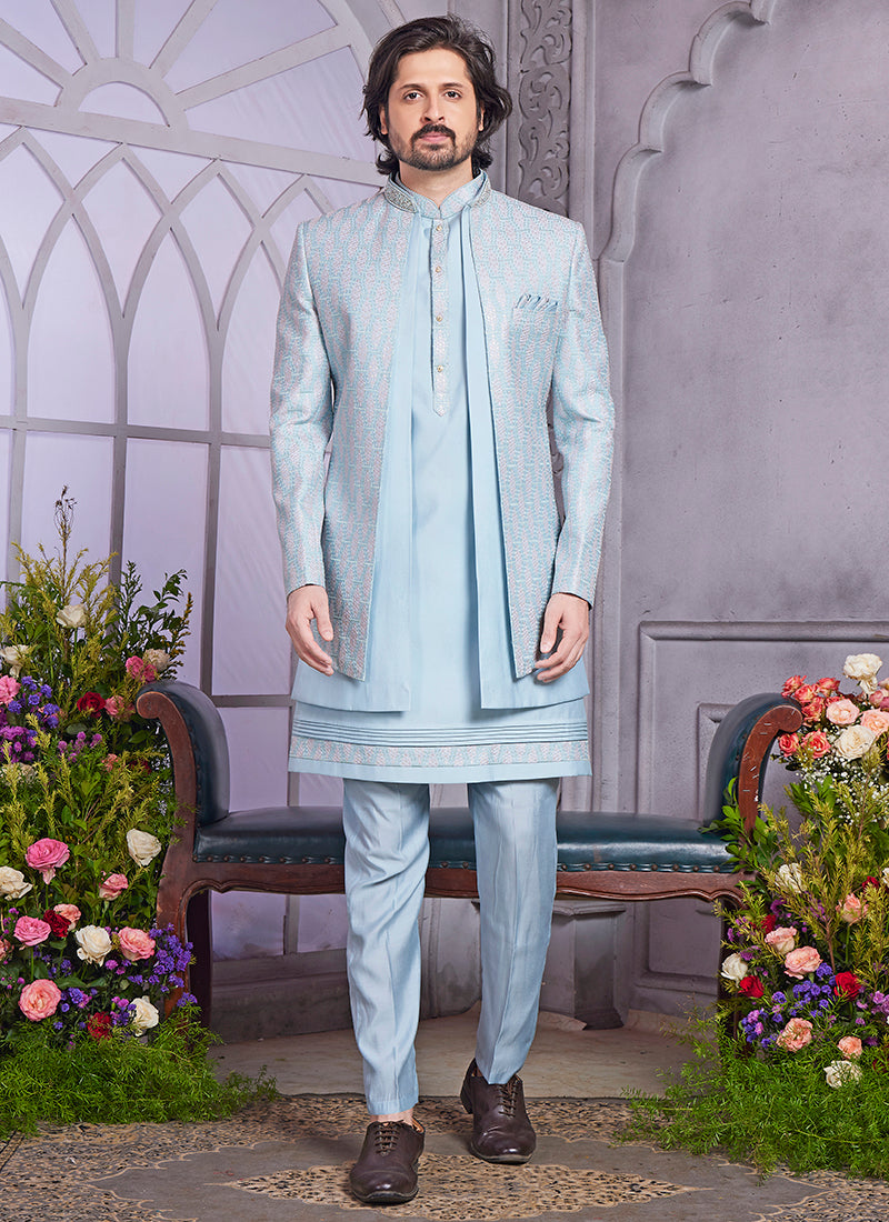 Readymade Art Silk Blue Kurta with Jacket and Thread Work for Wedding Wear