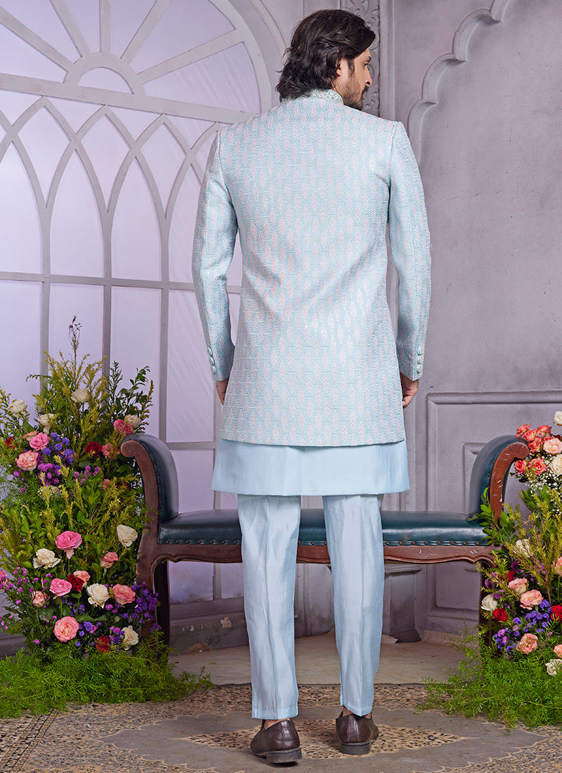 Readymade Art Silk Blue Kurta with Jacket and Thread Work for Wedding Wear