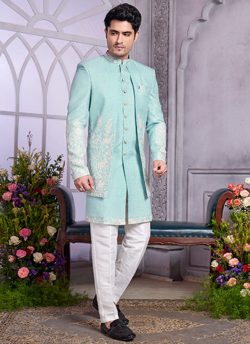 Readymade Art Silk Pista Green Kurta with Jacket and Thread Work for Wedding Wear