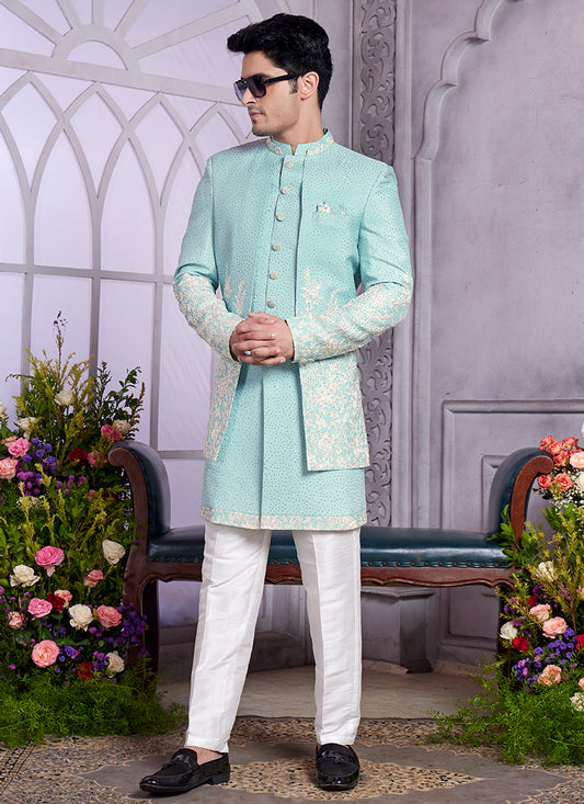 Readymade Art Silk Pista Green Kurta with Jacket and Thread Work for Wedding Wear